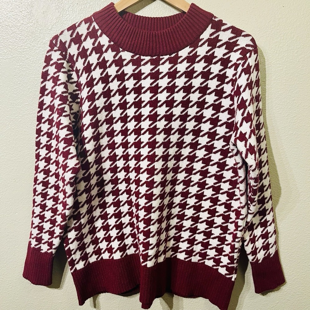 Denim & Co. Jacquard Houndstooth Mock Neck Knit Pullover Burgundy Women's Size L
